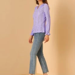 Allegra K Women's Lace V Neck Ruffle Long Sleeve Pleated Hollow Out Knit Blouse Top 11 Allegra K Women's Lace V Neck Ruffle Long Sleeve Pleated Hollow Out Knit Blouse Top