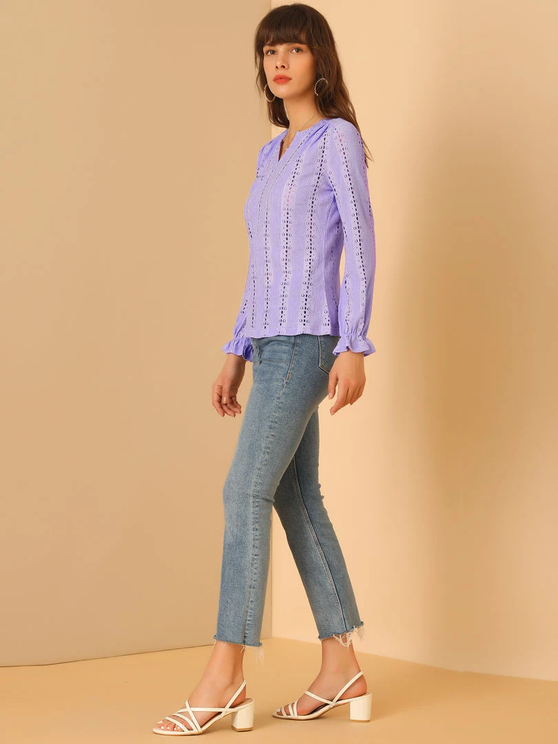 Allegra K Women's Lace V Neck Ruffle Long Sleeve Pleated Hollow Out Knit Blouse Top 5 Allegra K Women's Lace V Neck Ruffle Long Sleeve Pleated Hollow Out Knit Blouse Top