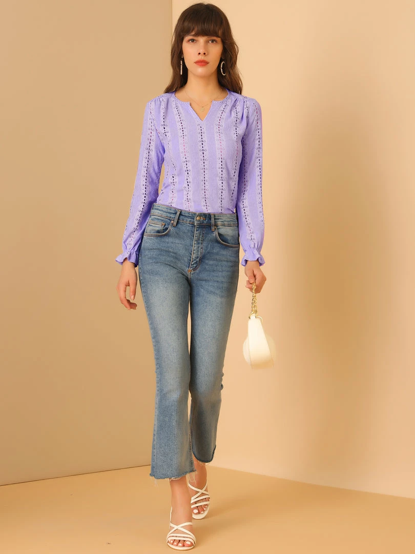 Allegra K Women's Lace V Neck Ruffle Long Sleeve Pleated Hollow Out Knit Blouse Top 6 Allegra K Women's Lace V Neck Ruffle Long Sleeve Pleated Hollow Out Knit Blouse Top