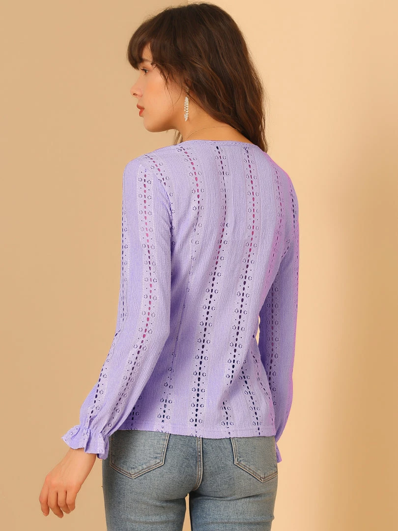 Allegra K Women's Lace V Neck Ruffle Long Sleeve Pleated Hollow Out Knit Blouse Top 8 Allegra K Women's Lace V Neck Ruffle Long Sleeve Pleated Hollow Out Knit Blouse Top