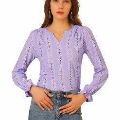 Allegra K Women's Lace V Neck Ruffle Long Sleeve Pleated Hollow Out Knit Blouse Top