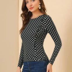 Allegra K Women's Causal Polka Dots Blouse Round Neck Puff Long Sleeve Tops 15 Allegra K Women's Causal Polka Dots Blouse Round Neck Puff Long Sleeve Tops