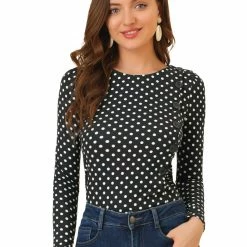 Allegra K Women's Causal Polka Dots Blouse Round Neck Puff Long Sleeve Tops 12 Allegra K Women's Causal Polka Dots Blouse Round Neck Puff Long Sleeve Tops
