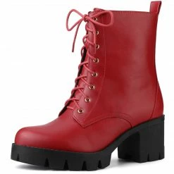 Allegra K Shoes Women's Lace-Up Platform Chunky Heels Combat Boots