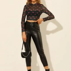 Allegra K Women's Semi-Sheer Blouse Sexy Heart Print Crop Tops Party Mesh Top