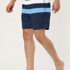 Allegra K Men's Swim Shorts Summer Striped Color Block Drawstring Waist Beach Board Shorts