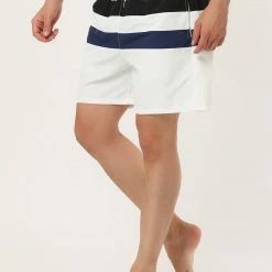 Allegra K Men's Swim Shorts Summer Striped Color Block Drawstring Waist Beach Board Shorts
