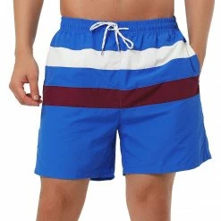 Allegra K Men's Swim Shorts Summer Striped Color Block Drawstring Waist Beach Board Shorts