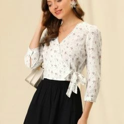 Allegra K Women's Floral Print Blouse Lace Trim 3/4 Sleeve V Neck Cotton Faux Wrap Top 11 Allegra K Women's Floral Print Blouse Lace Trim 3/4 Sleeve V Neck Cotton Faux Wrap Top