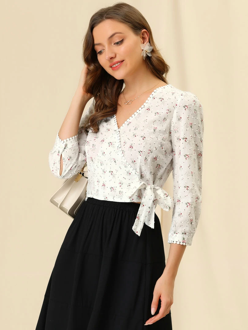 Allegra K Women's Floral Print Blouse Lace Trim 3/4 Sleeve V Neck Cotton Faux Wrap Top 5 Allegra K Women's Floral Print Blouse Lace Trim 3/4 Sleeve V Neck Cotton Faux Wrap Top