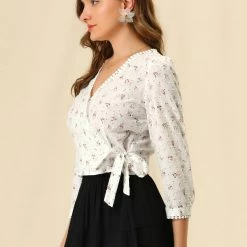 Allegra K Women's Floral Print Blouse Lace Trim 3/4 Sleeve V Neck Cotton Faux Wrap Top 13 Allegra K Women's Floral Print Blouse Lace Trim 3/4 Sleeve V Neck Cotton Faux Wrap Top