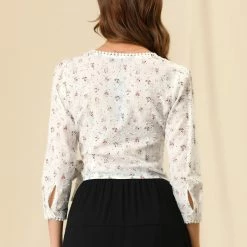 Allegra K Women's Floral Print Blouse Lace Trim 3/4 Sleeve V Neck Cotton Faux Wrap Top 14 Allegra K Women's Floral Print Blouse Lace Trim 3/4 Sleeve V Neck Cotton Faux Wrap Top