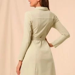 Women Allegra K Half Placket Long Sleeve Short Shirt Dress With Belt