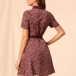 Allegra K Women's Contrast Collar Short Sleeve Belt Shirt Dress