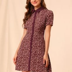 Allegra K Women's Contrast Collar Short Sleeve Belt Shirt Dress