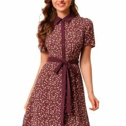 Allegra K Women's Contrast Collar Short Sleeve Belt Shirt Dress