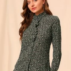 Allegra K Women's Floral Button Up Ruffle Stand Collar Long Sleeve Shirt 63 Allegra K Women's Floral Button Up Ruffle Stand Collar Long Sleeve Shirt