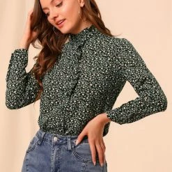 Allegra K Women's Floral Button Up Ruffle Stand Collar Long Sleeve Shirt 64 Allegra K Women's Floral Button Up Ruffle Stand Collar Long Sleeve Shirt