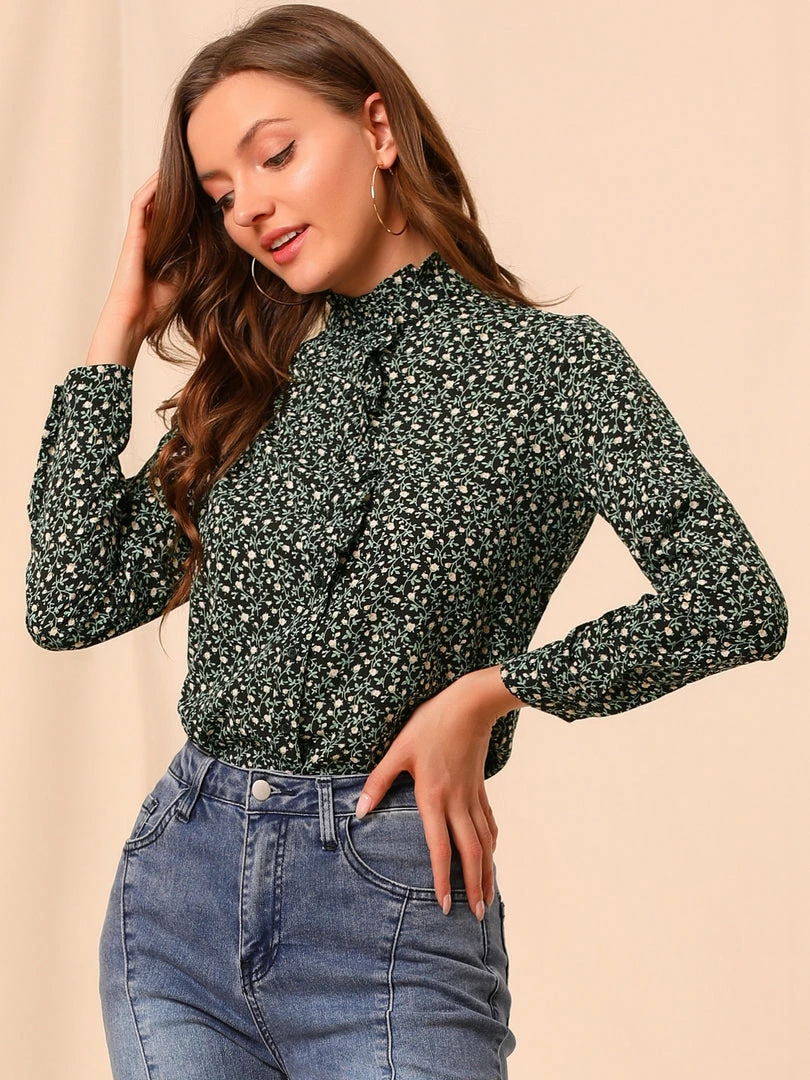 Allegra K Women's Floral Button Up Ruffle Stand Collar Long Sleeve Shirt 29 Allegra K Women's Floral Button Up Ruffle Stand Collar Long Sleeve Shirt