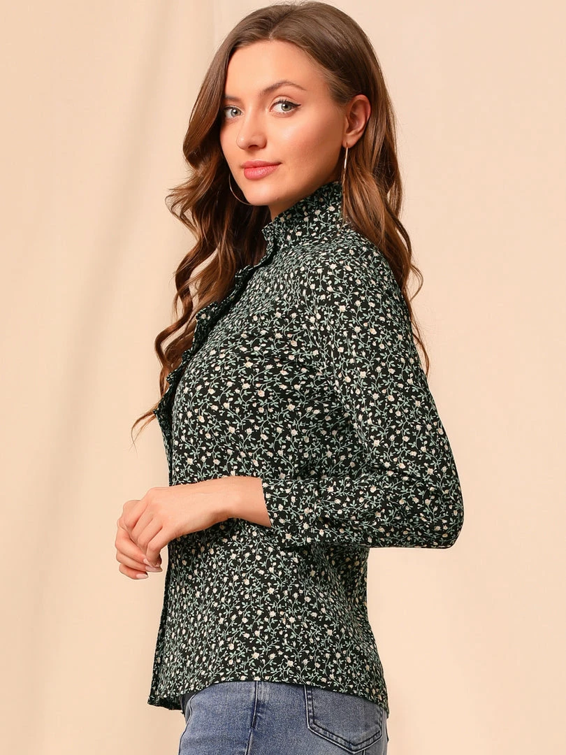 Allegra K Women's Floral Button Up Ruffle Stand Collar Long Sleeve Shirt 30 Allegra K Women's Floral Button Up Ruffle Stand Collar Long Sleeve Shirt