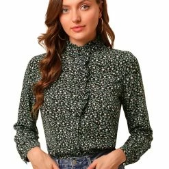 Allegra K Women's Floral Button Up Ruffle Stand Collar Long Sleeve Shirt 62 Allegra K Women's Floral Button Up Ruffle Stand Collar Long Sleeve Shirt