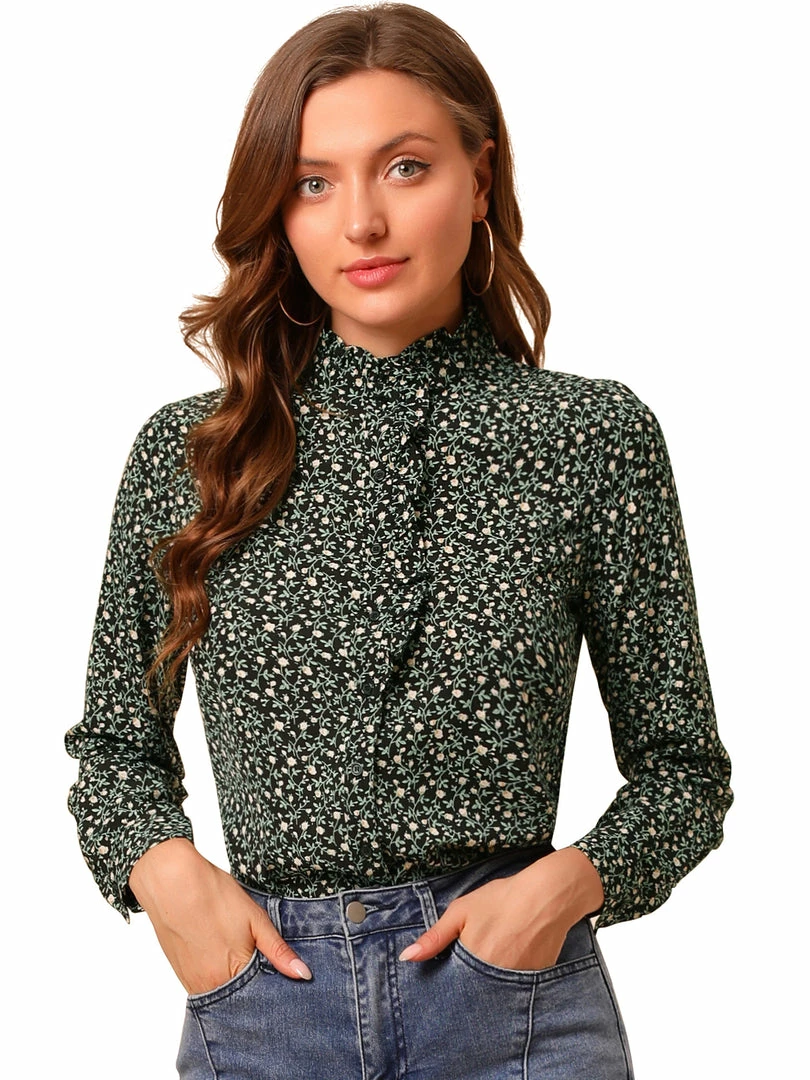 Allegra K Women's Floral Button Up Ruffle Stand Collar Long Sleeve Shirt 27 Allegra K Women's Floral Button Up Ruffle Stand Collar Long Sleeve Shirt