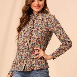 Allegra K Women's Floral Button Up Ruffle Stand Collar Long Sleeve Shirt 57 Allegra K Women's Floral Button Up Ruffle Stand Collar Long Sleeve Shirt