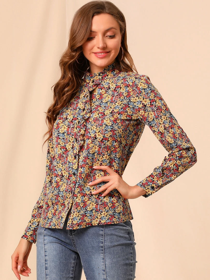 Allegra K Women's Floral Button Up Ruffle Stand Collar Long Sleeve Shirt 22 Allegra K Women's Floral Button Up Ruffle Stand Collar Long Sleeve Shirt