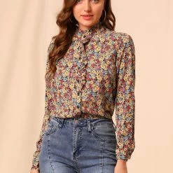 Allegra K Women's Floral Button Up Ruffle Stand Collar Long Sleeve Shirt 58 Allegra K Women's Floral Button Up Ruffle Stand Collar Long Sleeve Shirt
