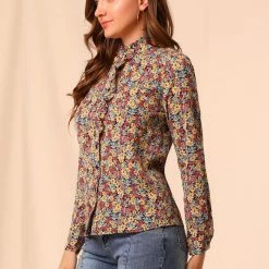 Allegra K Women's Floral Button Up Ruffle Stand Collar Long Sleeve Shirt 59 Allegra K Women's Floral Button Up Ruffle Stand Collar Long Sleeve Shirt