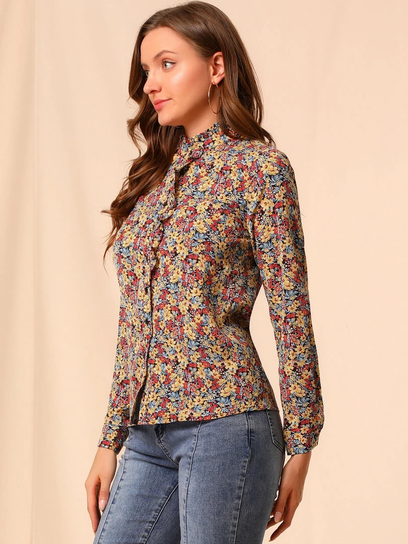 Allegra K Women's Floral Button Up Ruffle Stand Collar Long Sleeve Shirt 24 Allegra K Women's Floral Button Up Ruffle Stand Collar Long Sleeve Shirt