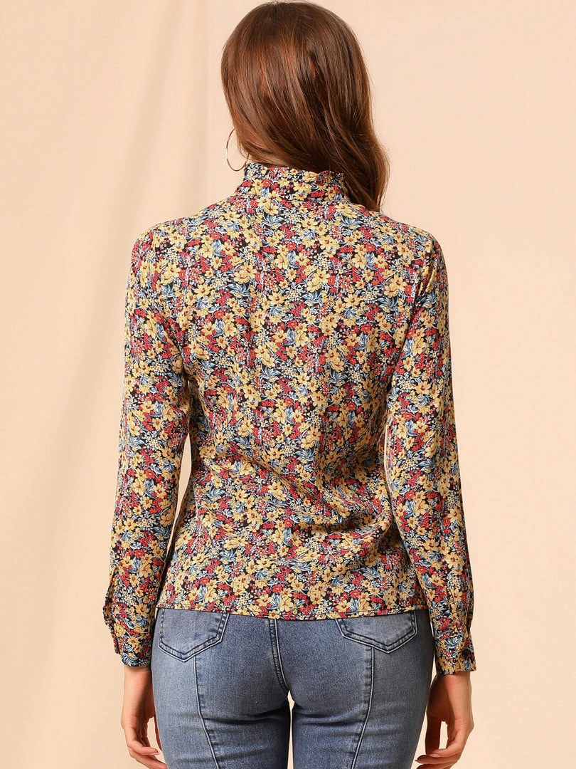 Allegra K Women's Floral Button Up Ruffle Stand Collar Long Sleeve Shirt 25 Allegra K Women's Floral Button Up Ruffle Stand Collar Long Sleeve Shirt