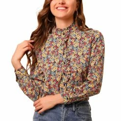 Allegra K Women's Floral Button Up Ruffle Stand Collar Long Sleeve Shirt 56 Allegra K Women's Floral Button Up Ruffle Stand Collar Long Sleeve Shirt