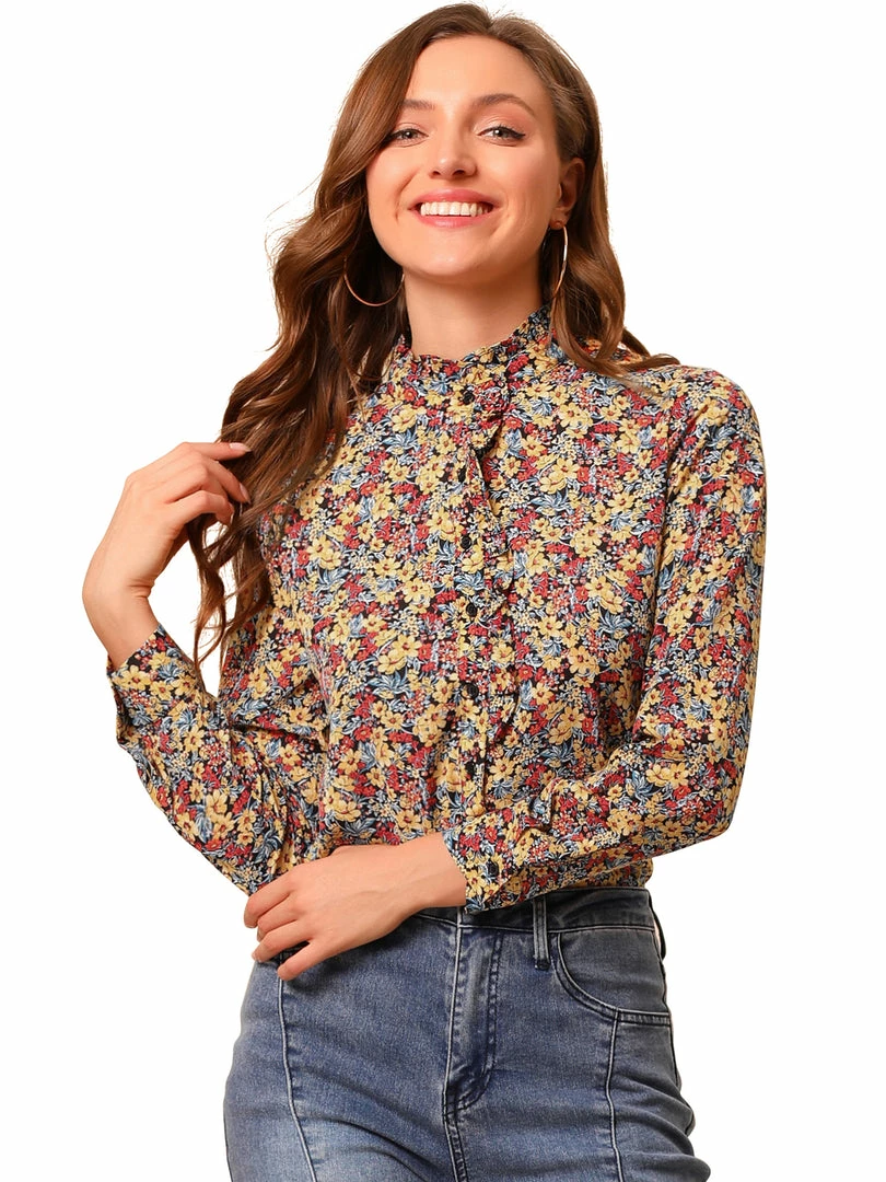 Allegra K Women's Floral Button Up Ruffle Stand Collar Long Sleeve Shirt 21 Allegra K Women's Floral Button Up Ruffle Stand Collar Long Sleeve Shirt