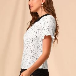 Allegra K Women's Doll Collar Contrast Ruffled Sleeve Polka Dots Blouse 25 Allegra K Women's Doll Collar Contrast Ruffled Sleeve Polka Dots Blouse