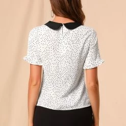 Allegra K Women's Doll Collar Contrast Ruffled Sleeve Polka Dots Blouse 26 Allegra K Women's Doll Collar Contrast Ruffled Sleeve Polka Dots Blouse