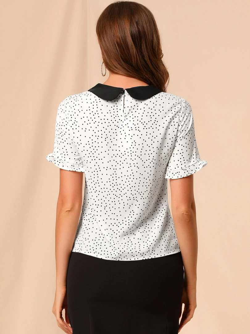 Allegra K Women's Doll Collar Contrast Ruffled Sleeve Polka Dots Blouse 14 Allegra K Women's Doll Collar Contrast Ruffled Sleeve Polka Dots Blouse
