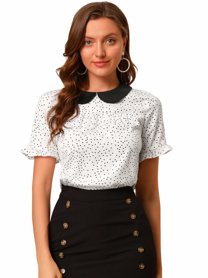 Allegra K Women's Doll Collar Contrast Ruffled Sleeve Polka Dots Blouse 10 Allegra K Women's Doll Collar Contrast Ruffled Sleeve Polka Dots Blouse
