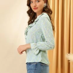 Allegra K Women's Ruffle Elegant Lace Trim V Neck Chiffon Top Ditsy Floral Blouse