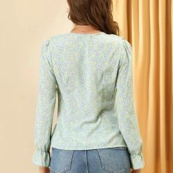 Allegra K Women's Ruffle Elegant Lace Trim V Neck Chiffon Top Ditsy Floral Blouse