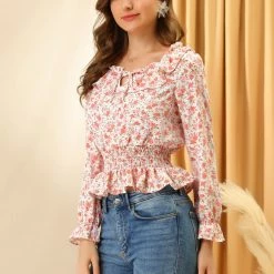 Allegra K Women's Smocked Elegant Ruffle Tie Neck Chiffon Floral Blouse 13 Allegra K Women's Smocked Elegant Ruffle Tie Neck Chiffon Floral Blouse