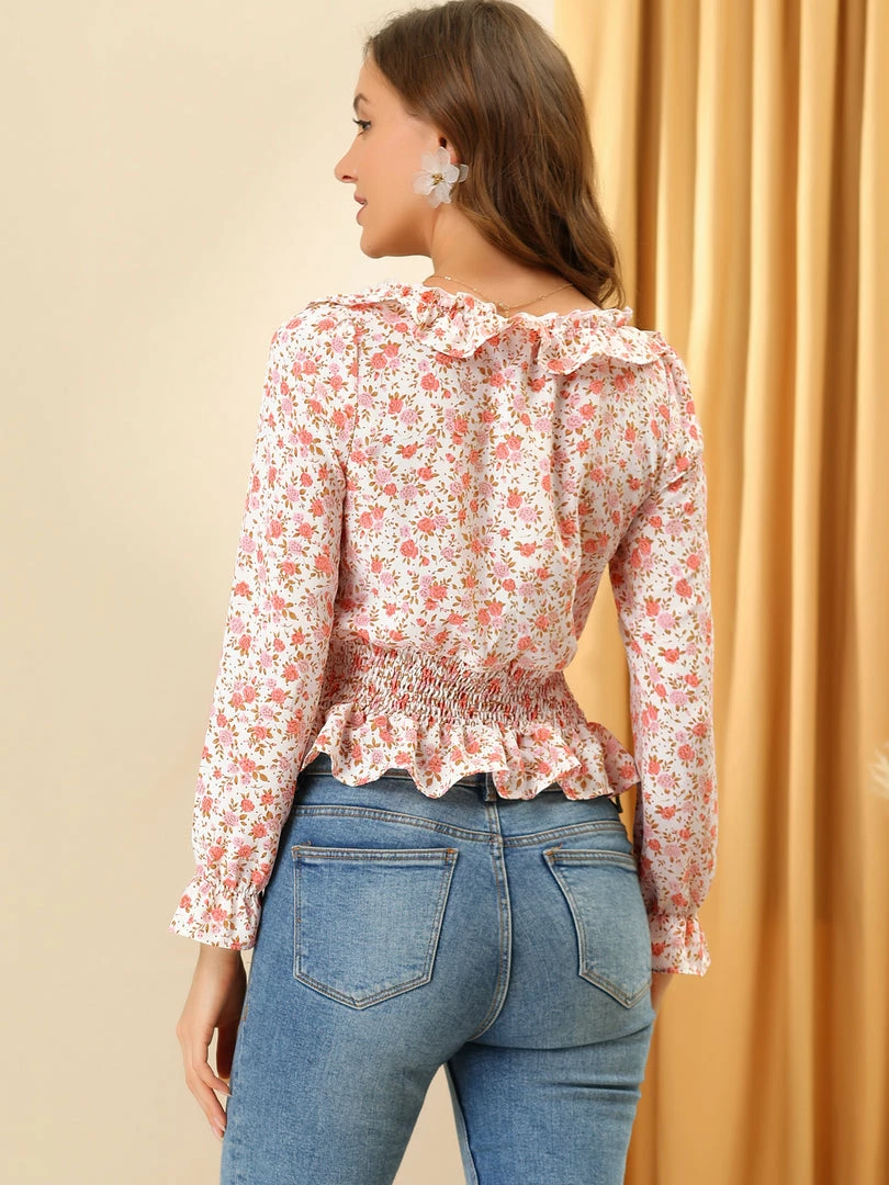 Allegra K Women's Smocked Elegant Ruffle Tie Neck Chiffon Floral Blouse 8 Allegra K Women's Smocked Elegant Ruffle Tie Neck Chiffon Floral Blouse