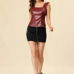 Allegra K Women's Lace Trim Party Faux Leather PU Tank Top 23 Allegra K Women's Lace Trim Party Faux Leather PU Tank Top