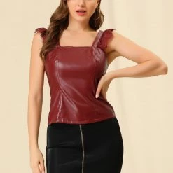 Allegra K Women's Lace Trim Party Faux Leather PU Tank Top 24 Allegra K Women's Lace Trim Party Faux Leather PU Tank Top