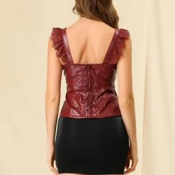 Allegra K Women's Lace Trim Party Faux Leather PU Tank Top 26 Allegra K Women's Lace Trim Party Faux Leather PU Tank Top