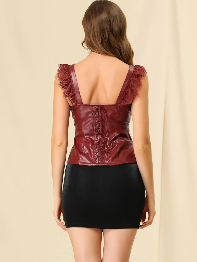 Allegra K Women's Lace Trim Party Faux Leather PU Tank Top 14 Allegra K Women's Lace Trim Party Faux Leather PU Tank Top