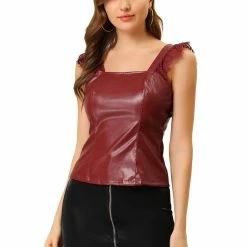 Allegra K Women's Lace Trim Party Faux Leather PU Tank Top 22 Allegra K Women's Lace Trim Party Faux Leather PU Tank Top