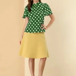 Allegra K Women's Polka Dots Stand Collar Pleat Keyhole Back Short Flare Sleeve Top 23 Allegra K Women's Polka Dots Stand Collar Pleat Keyhole Back Short Flare Sleeve Top