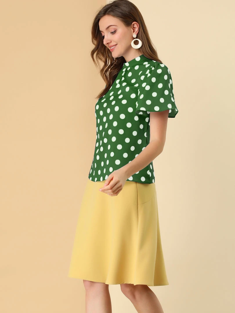 Allegra K Women's Polka Dots Stand Collar Pleat Keyhole Back Short Flare Sleeve Top 13 Allegra K Women's Polka Dots Stand Collar Pleat Keyhole Back Short Flare Sleeve Top
