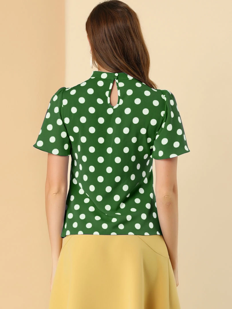 Allegra K Women's Polka Dots Stand Collar Pleat Keyhole Back Short Flare Sleeve Top 14 Allegra K Women's Polka Dots Stand Collar Pleat Keyhole Back Short Flare Sleeve Top